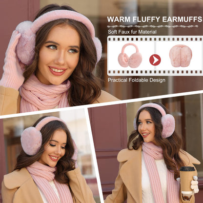 Yusongirl Winter Women Scarf Gloves Beanie Ear Muffs Socks Set Cold Weather Warm Knit Hat Fleece Long Neck Warmer 5 in 1 Set(Pink)