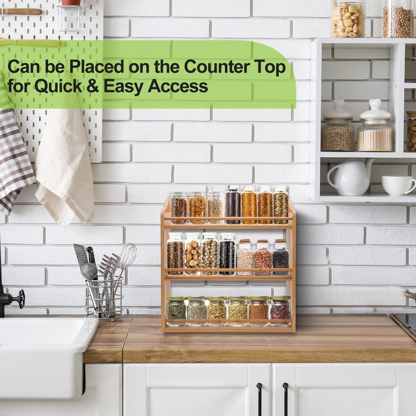 FoverOne 3 Tier Bamboo Spice Rack, Seasoning Jars Rack Shelf Spice Organizer for Kitchen Counter or Wall Mounting