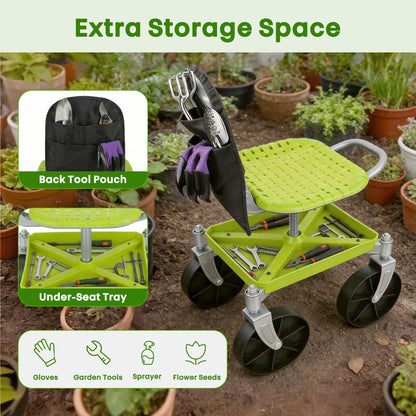 Outdoor Garden Stool with 360° Swivel Caster Wheels, Rolling Garden Cart with 360° Swivel Seat, Height Adjustment, Back Tool Pouch & Under-Seat Tray, Gardening Gifts for Women, Parents, Seniors