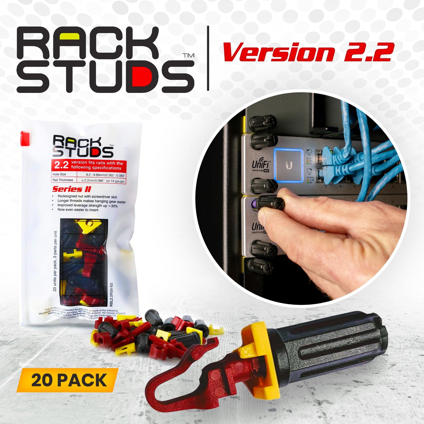 Rackstuds R20 Series II Rack Mount Screws - Server Rack Screws and Cage Nuts Replacement for Server Rack Rails 19" Square Punched Vertical Rail, Without Using Cage Nut tool - Red 2.22mm/0.086 20 Pack