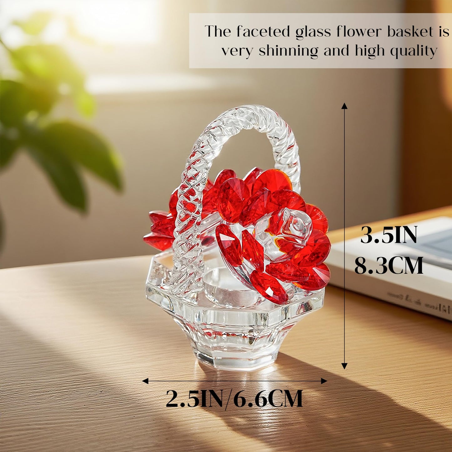 H&D HYALINE & DORA Crystal Red Rose Flower Basket Crystal Collectible Figurines Ornaments for Home Decor Table Centerpiece