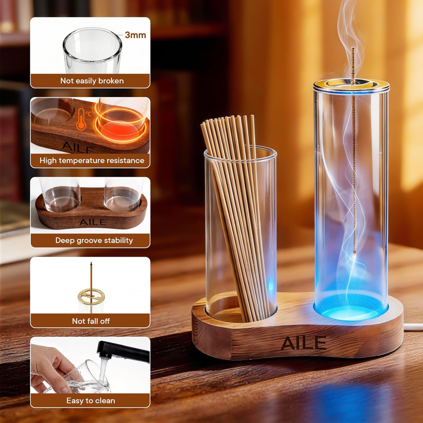 2 in 1 Incense Holder for Sticks, Glass LED Glowing Incense Burner Holder with Ash Catcher & Incense Sticks Organizer for Meditation Yoga Spa Home Decor