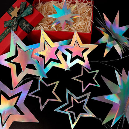 AimtoHome Holographic Star Garland Decorations– 14 Rainbow Paper Stars & 5.5ft 3D Twinkle Hanging Decor for Party, Home, Window, Door，Christmas Party Backdrop Decor (Modern Glitter Style)