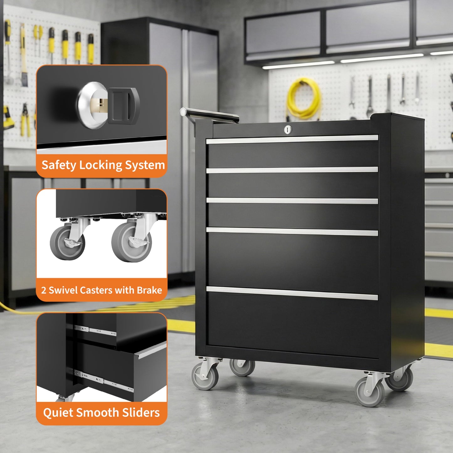 Rolling Tool Chest with Wheels, 5 Drawer Tool Storage Cabinet, Portable Toolbox Organizer with Lock, Heavy Duty Tool Chest Cart for Garage, Mechanic, Workshop, Shop, Mobile Tool Organizer, Black