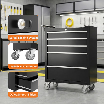 Garvee Rolling Tool Chest, 5 Drawers Tool Storage Cabinet, Toolbox with Wheels, Portable Tool Cabinet Organizer with Locking System & Drawer Liners, Tool Storage Cart for Garage, Workshop, Black