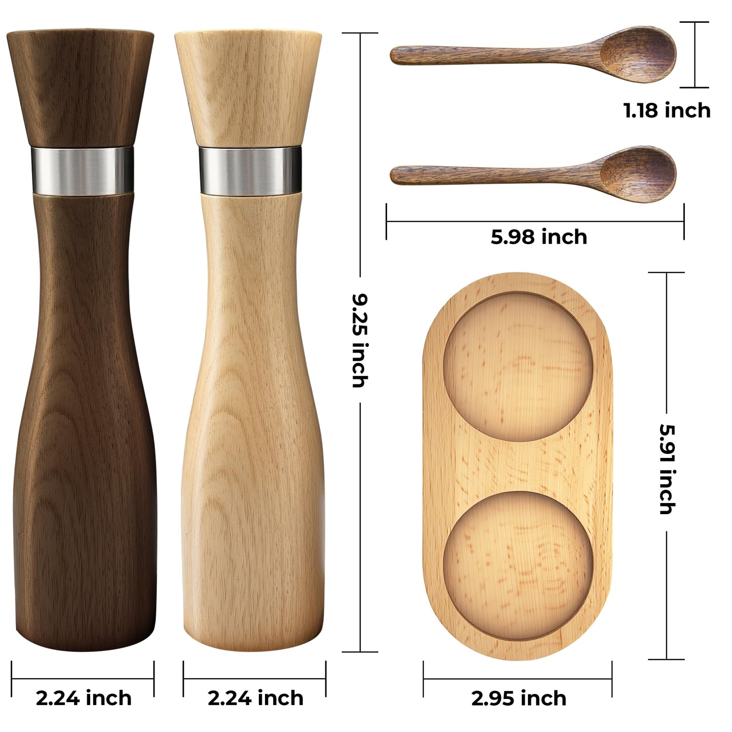 WARMKEY Kitchen Wooden Salt and Pepper Grinder Set: Refillable Salt & Pepper Mills Adjust for Customized Coarseness, 9" 5PC with Tray & Spoons,Non-Slip Base-Kitchen Counter Decor