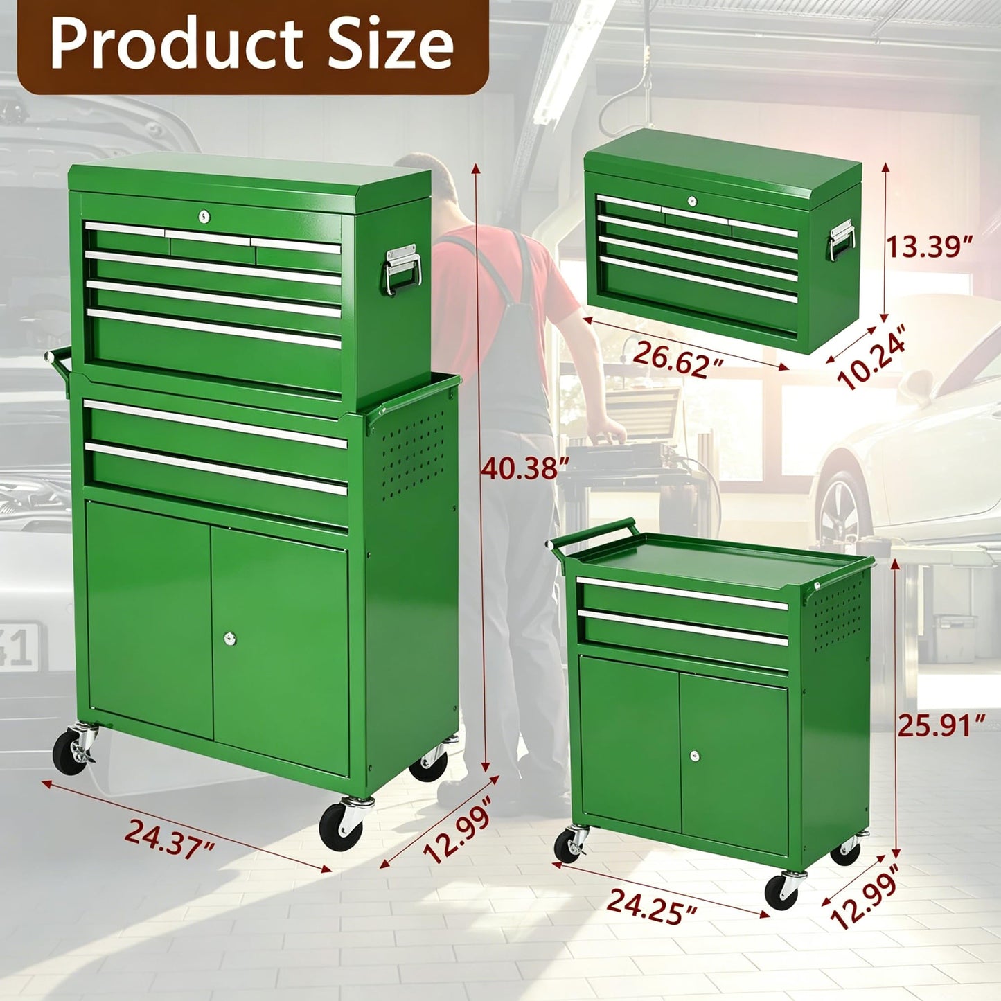 8-Drawer Rolling Tool Chest, 2-in-1 High Capacity Tool Storage with Detachable Top Cabinet, Locking System, Wheels and Liners for Garage, Workshop, Green