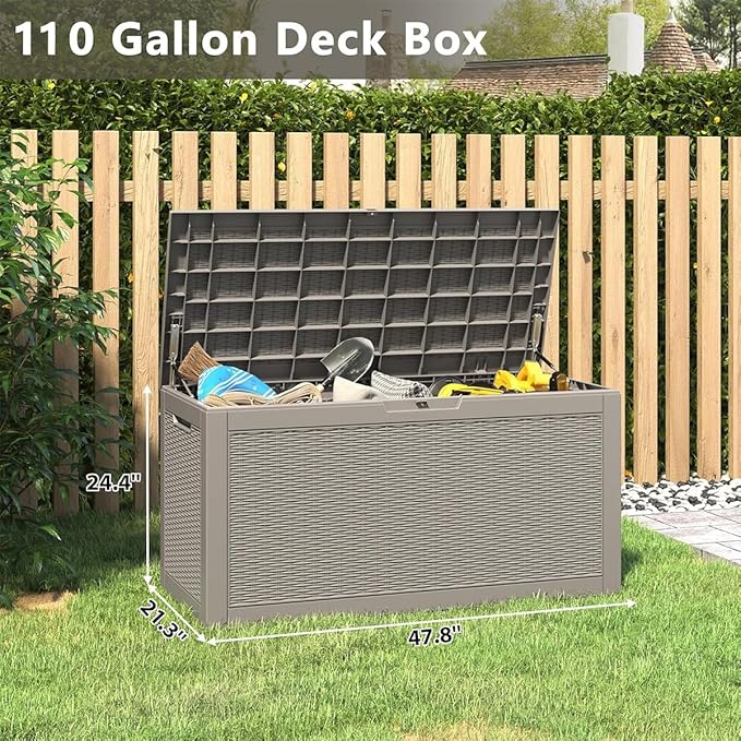 Outdoor Storage Box, Resin Deck Boxes Indoor and outdoor, Waterproof Storage Box Lockable Lid (Grey, 100 Gallon)