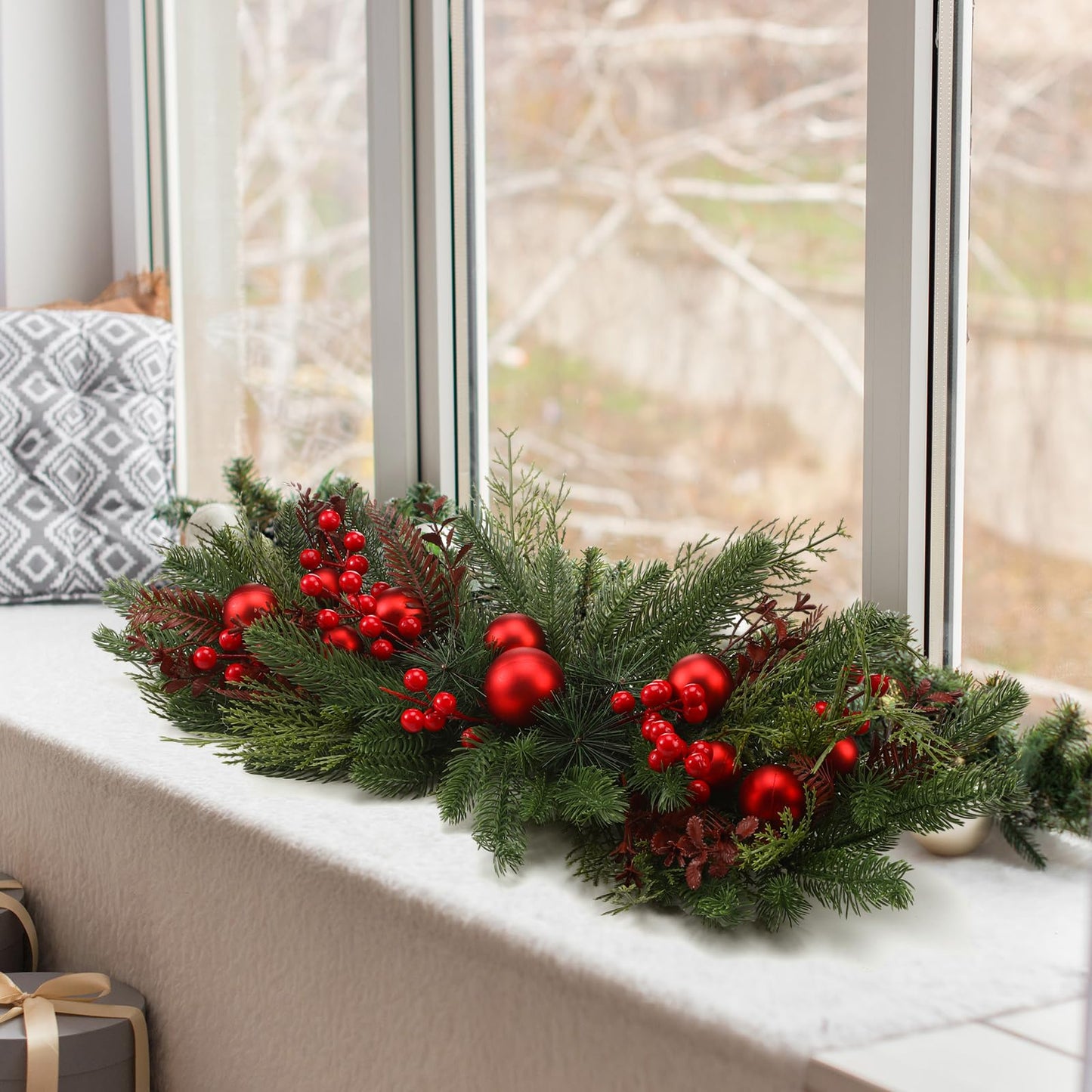 Yalikop 24.5 inch Christmas Swags with Light Artificial Pine Needles Swag Decoration Greenery Christmas Swag for Front Door Window Stair Fireplace Mantle Holiday Xmas Decor(Ball and Berry)