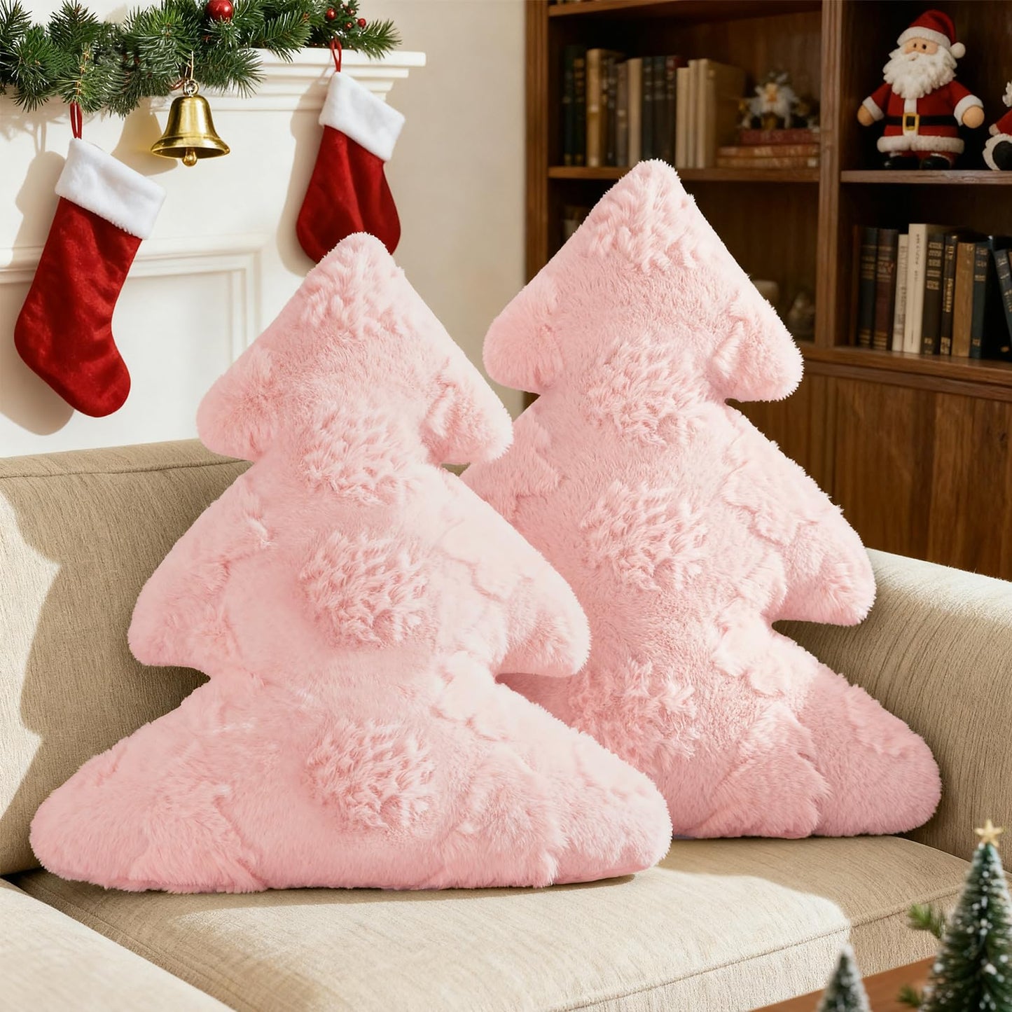 Lanpn Christmas Tree Pillows Set of 2, Snowflake & Tree Christmas Decoration Winter Soft Cute 3D Shaped Xmas Tree Throw Cushion for Sofa Bedroom Xmas Decor (18x16 inch, Pink)