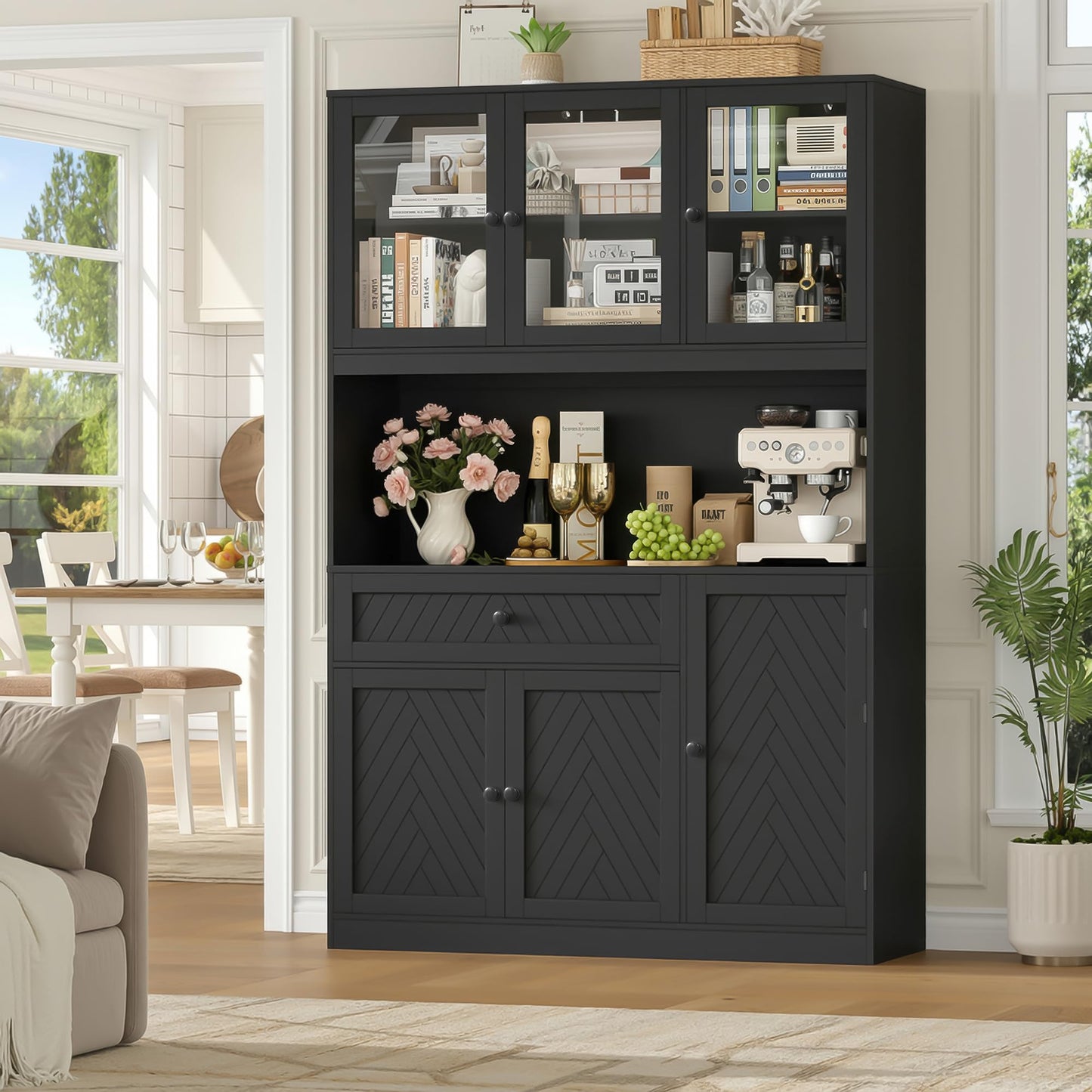 BOTLOG 72” Tall Kitchen Pantry Storage Cabinet, Modern White Kitchen Hutch with Large Storage Drawer, Countertop, Adjustable Shelves, Food Pantry Cabinets for Dining Room, Living Room (Black)