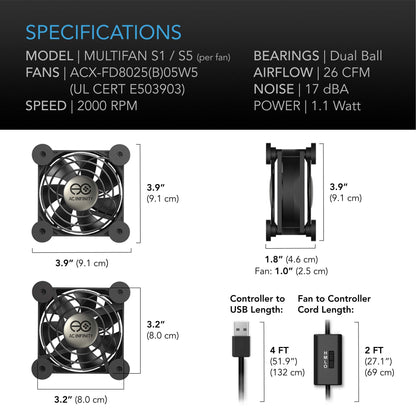 AC Infinity MULTIFAN S1, Quiet 80mm USB Fan, UL-Certified for Receiver DVR Playstation Xbox Computer Cabinet Cooling