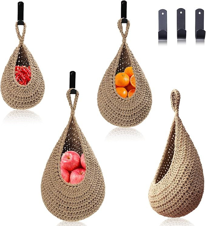 Hanging Fruit Basket Set of 3, Boho Wall Hanging Storage Jute Basket