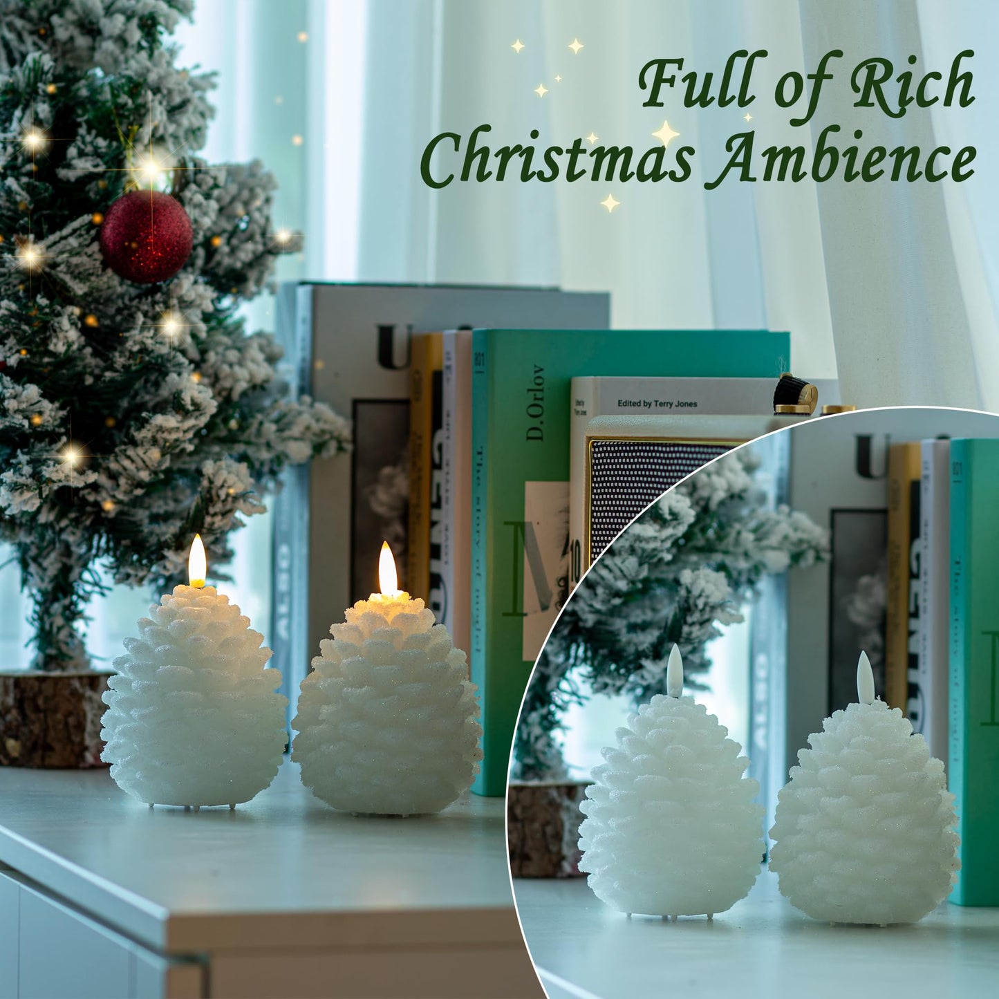 AFINETH Christmas Flameless Pinecone Candles with Remote, Real Wax Battery Operated Pine Cone Candles, 2 Pack Flickering Led Candle Christmas Decorations for Winter Home Holiday Xmas Gift, White