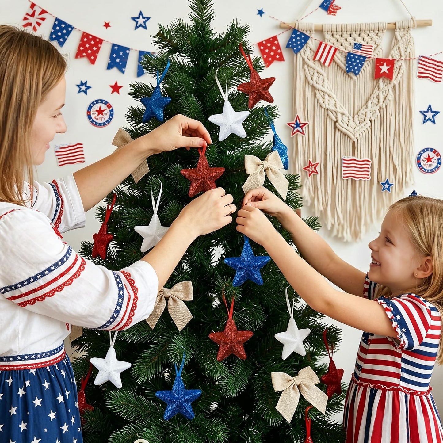 Morofme 24pcs Patriotic Star Ornaments Glitter Red White and Blue Stars to Hang Independence Day Stars Tree Decorations 250th Anniversary Star Ornaments for Home Party Veterans Day 4th of July