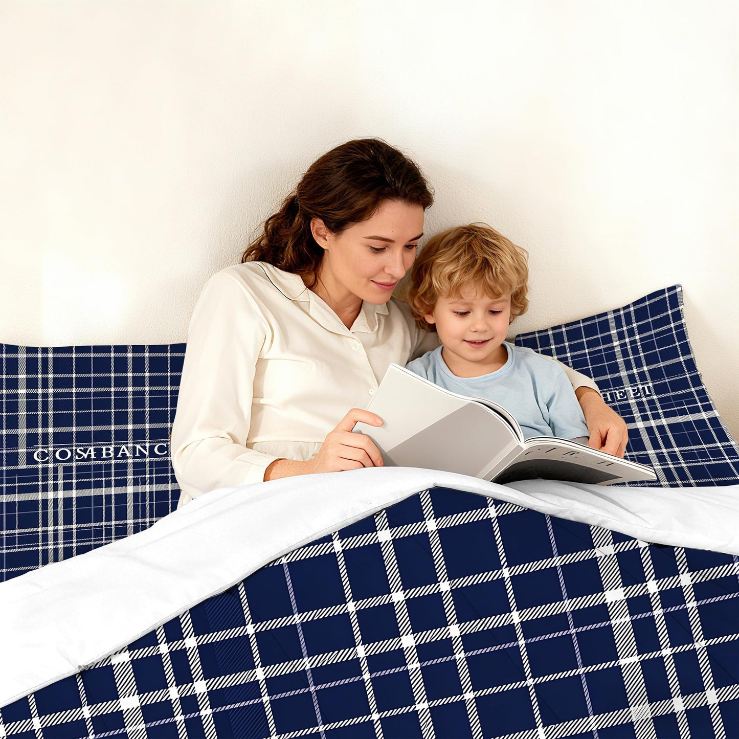 VTKON Navy Blue Plaid Comforter Set for Boys Full Size, Classic Preppy Check Bedding Set for Boys Teens, Timeless Navy and White Bed Sets for Dorm with 2 Pillowcases