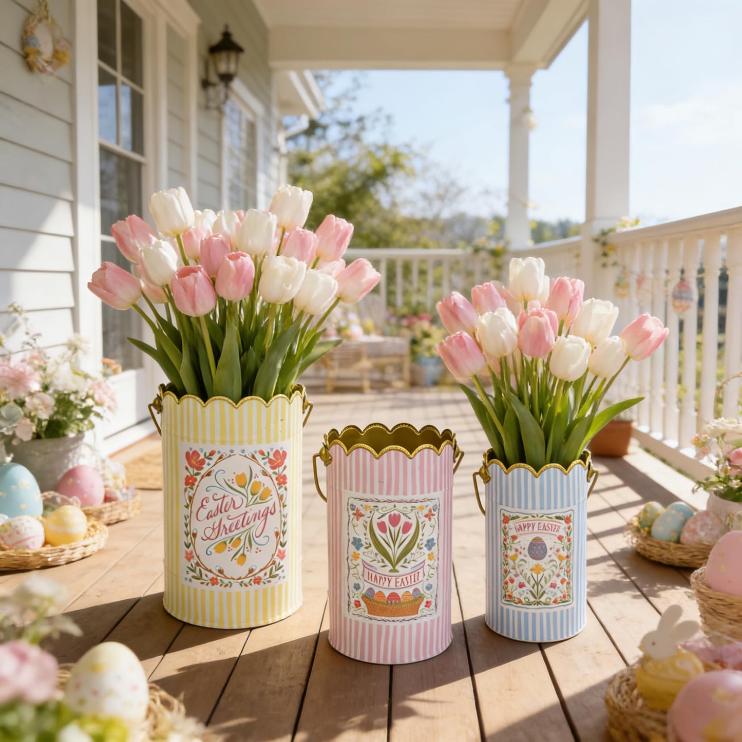 Zorvynelle Set of 3 Metal Bucket with Handle Decorative Floral Basket Bucket Cute Striped Design Flower Planter for Easter, Gift Baskets, Garden & Home Decor