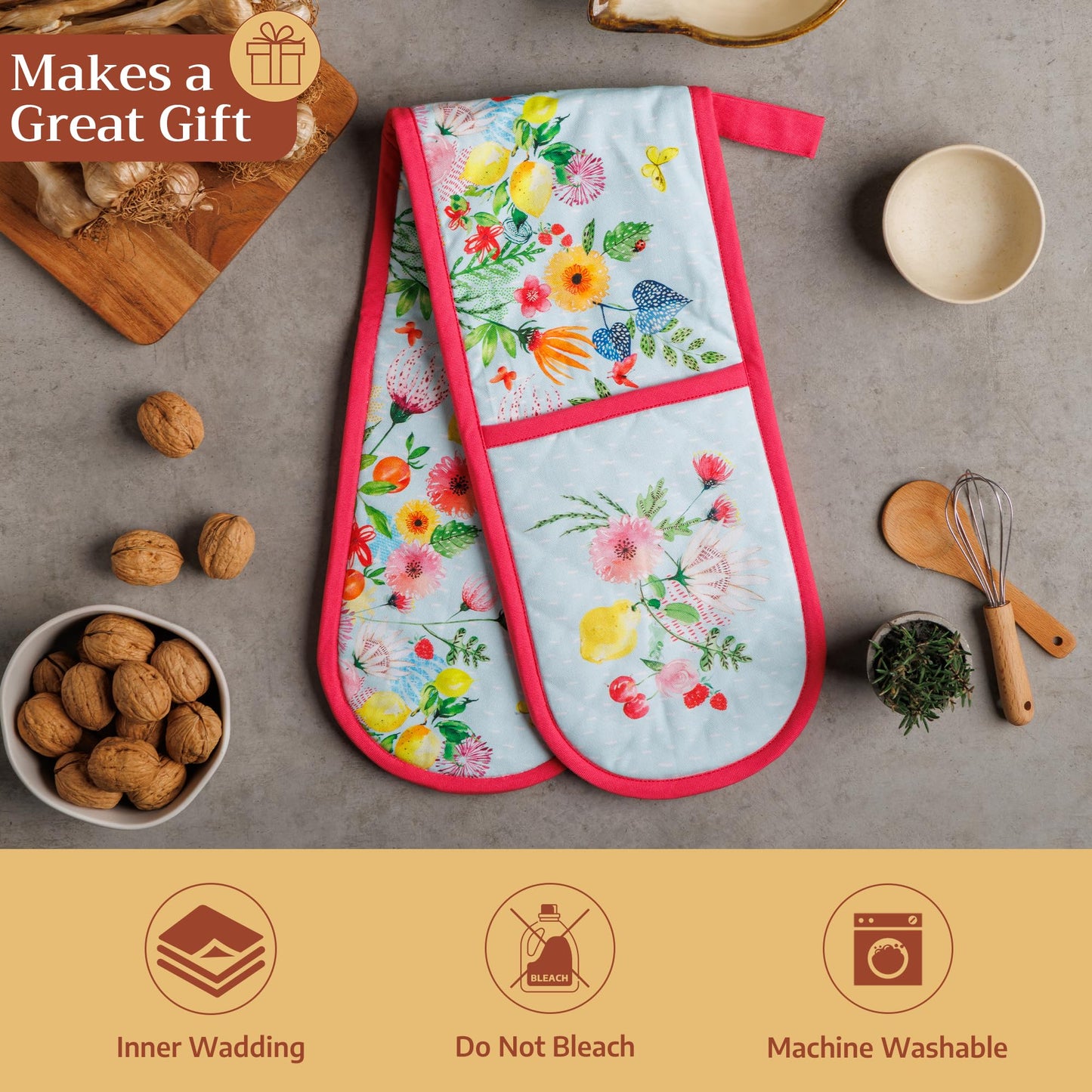 Maison d' Hermine Double Oven Mitts 100% Cotton 7"x35" Double Oven Mitt Heat Resistant BBQ Cooking Gloves with Loop Baking Grilling Kitchen Hotel Home Farmhouse Spring Summer (Jardin D'Ete - Mint)
