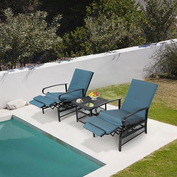 Oakcloud Adjustable Outdoor Lounge Chair Metal Patio Relaxing Recliner Chair Set with Bistro Table and Removable Cushions(Peacock Blue)
