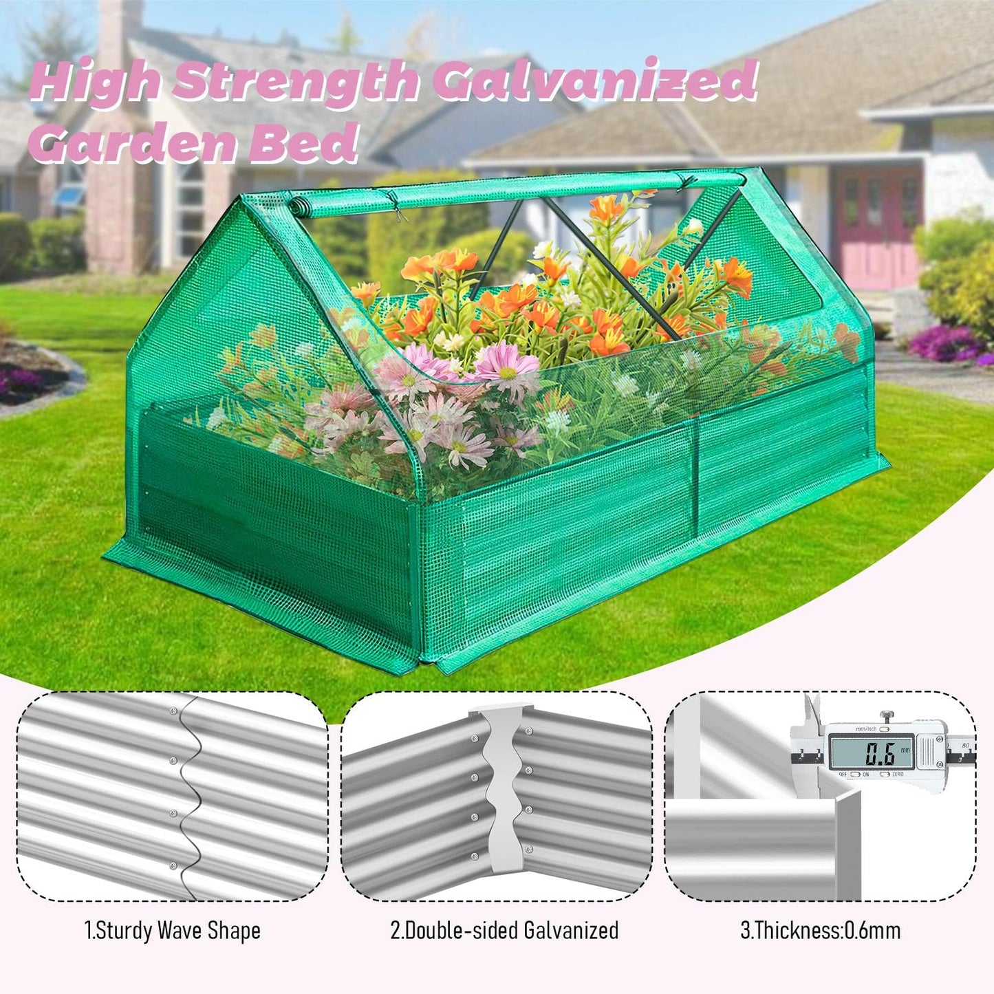 Galvanized Greenhouse, 6x3x1ft Planter Bottomless Box,Reinforced Frame Raised Garden Bed with Ventilation Windows, Greenhouses for Outdoor Plants Vegetable Gardening (Green)