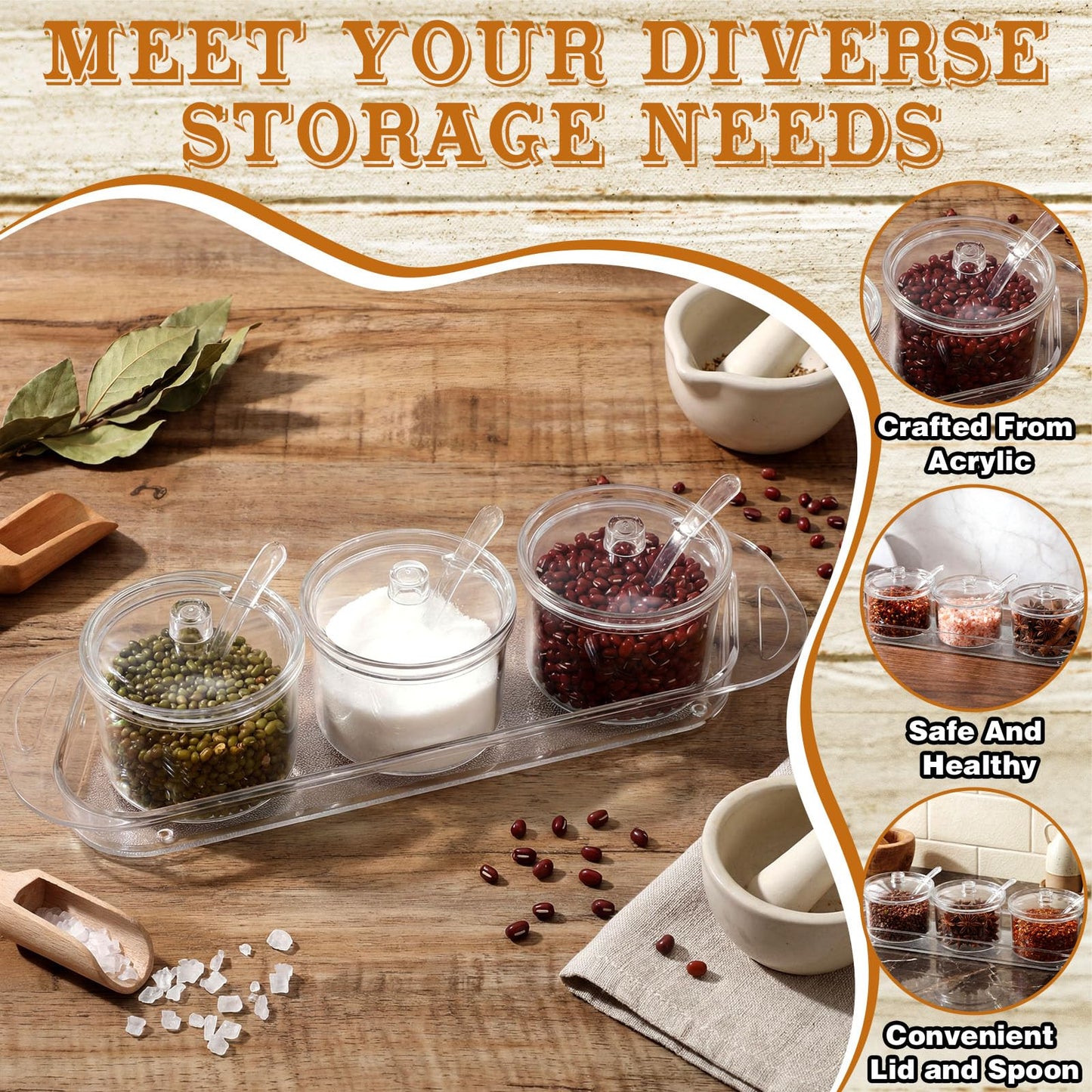Ferrochef Set of 3 Clear Acrylic Sugar Bowl with Lid and Spoon for Coffee Bar Accessories, 7 oz Tea Sugar Coffee Container Salt Canister Spice Jars, Kitchen Seasoning Box Condiment Pots with Labels