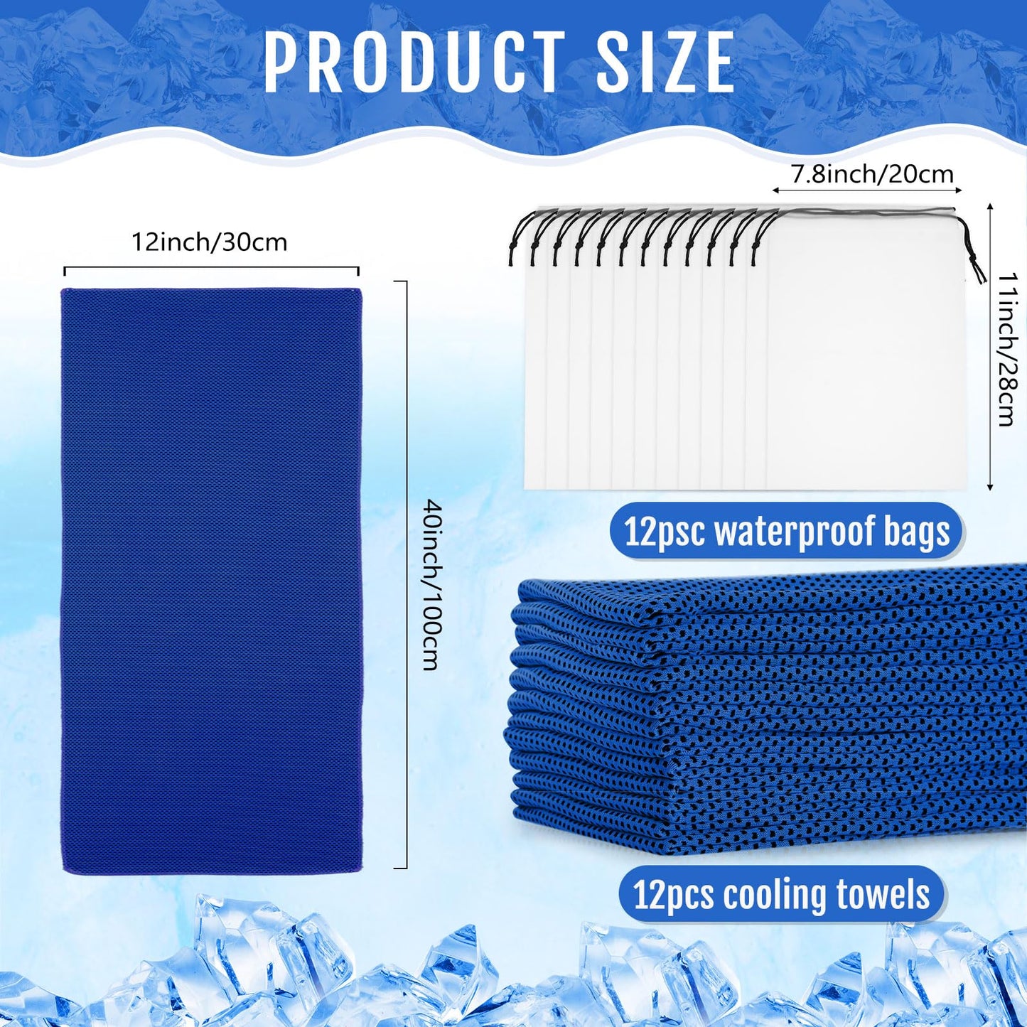 Hosuly 12 Pcs Cooling Towels for Face and Neck 12 x 40 Inch Workout Towels for Gym Fast Drying Hot Weather Sweat Rag Cold Cooling Cloth with 12 Bags Athletes Sport Yoga Golf(Dark Blue)