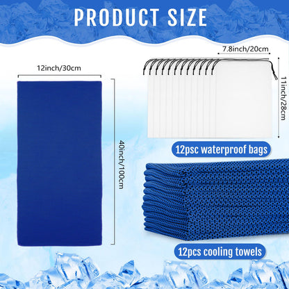 Hosuly 12 Pcs Cooling Towels for Face and Neck 12 x 40 Inch Workout Towels for Gym Fast Drying Hot Weather Sweat Rag Cold Cooling Cloth with 12 Bags Athletes Sport Yoga Golf(Dark Blue)
