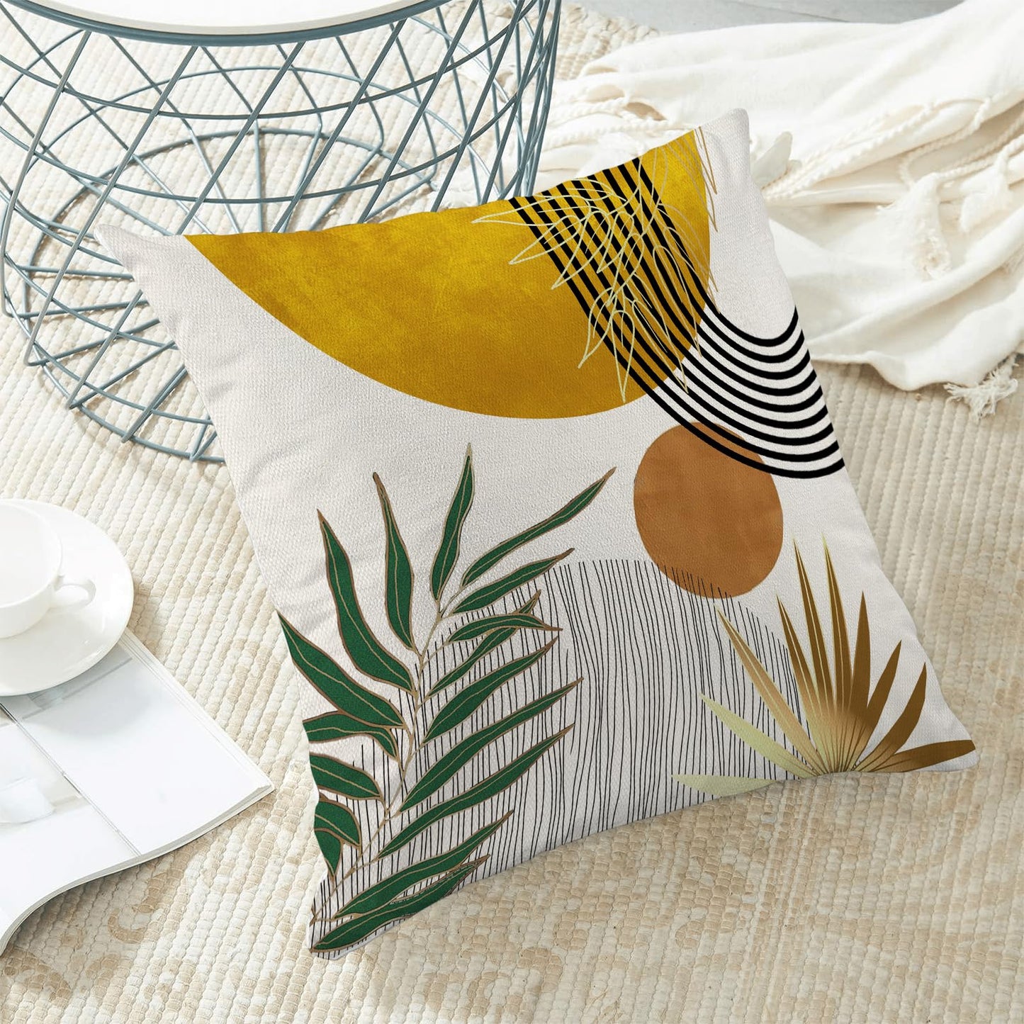 Boho Pillow Covers 18x18 Inch 2 Pcs,Mustard Yellow Green Tropical Leaf Summer Outdoor Decorative Throw Pillows,Mid Century Abstract Farmhouse Decor Pillowcase Linen Cushion Cover for Couch Sofa