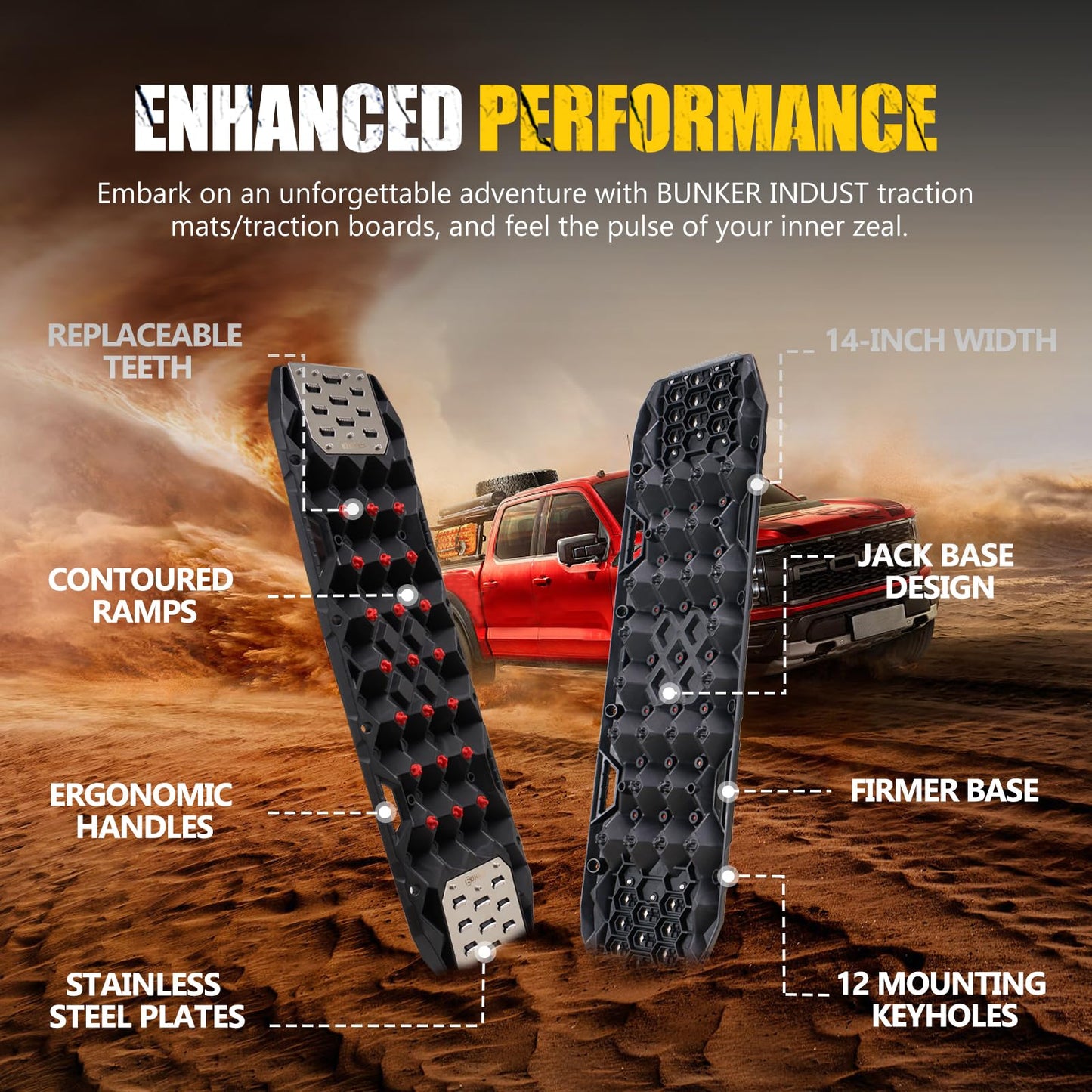 BUNKER INDUST Offroad Traction Board with Jack Base,Pair 47.24"L x 14"W Recovery Track Tire Traction Mat -Black Sand,Mud,Snow Ramps (Replaceable Dual Colors Teeth/Rugged Steel Plate) Gen 11th