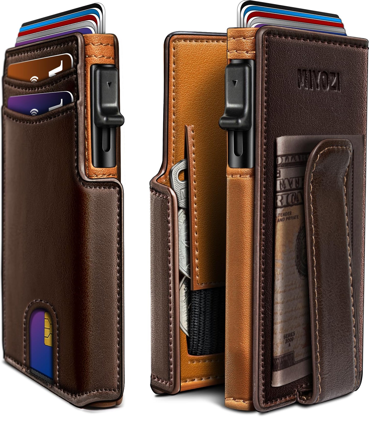 miyozi Men Wallet,with Money Clip Coins Pocket ID Window,Slim Front Pocket RFID Blocking Pop-up Card Holder 3.9"x 2.7", Gift Boxed