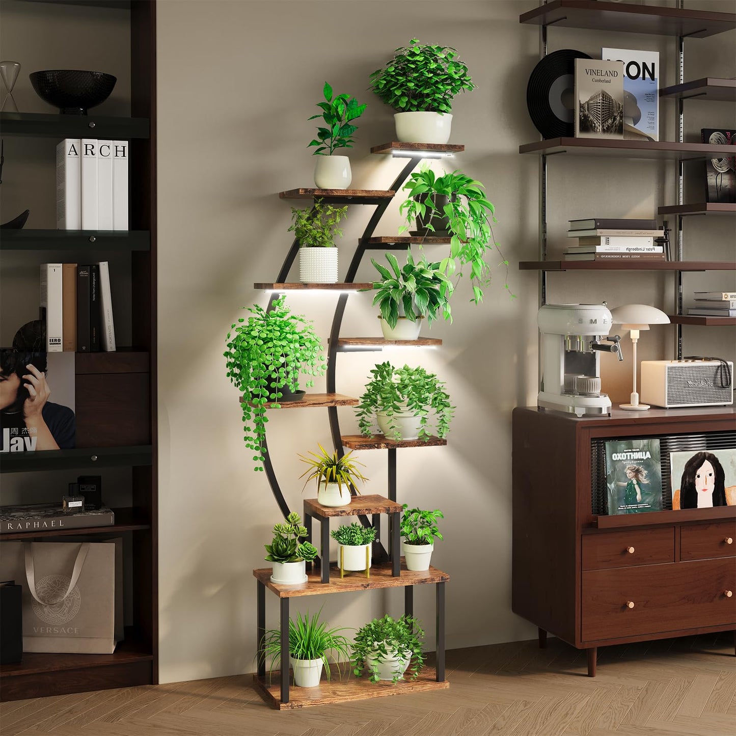 Plant Stand Indoor with Grow Lights, 63" Tall Plant Shelf, Lighted Corner Plant Stands for Indoor Growing, 9-Tier Large Flower Holder, Plant Display for Living Room, Black