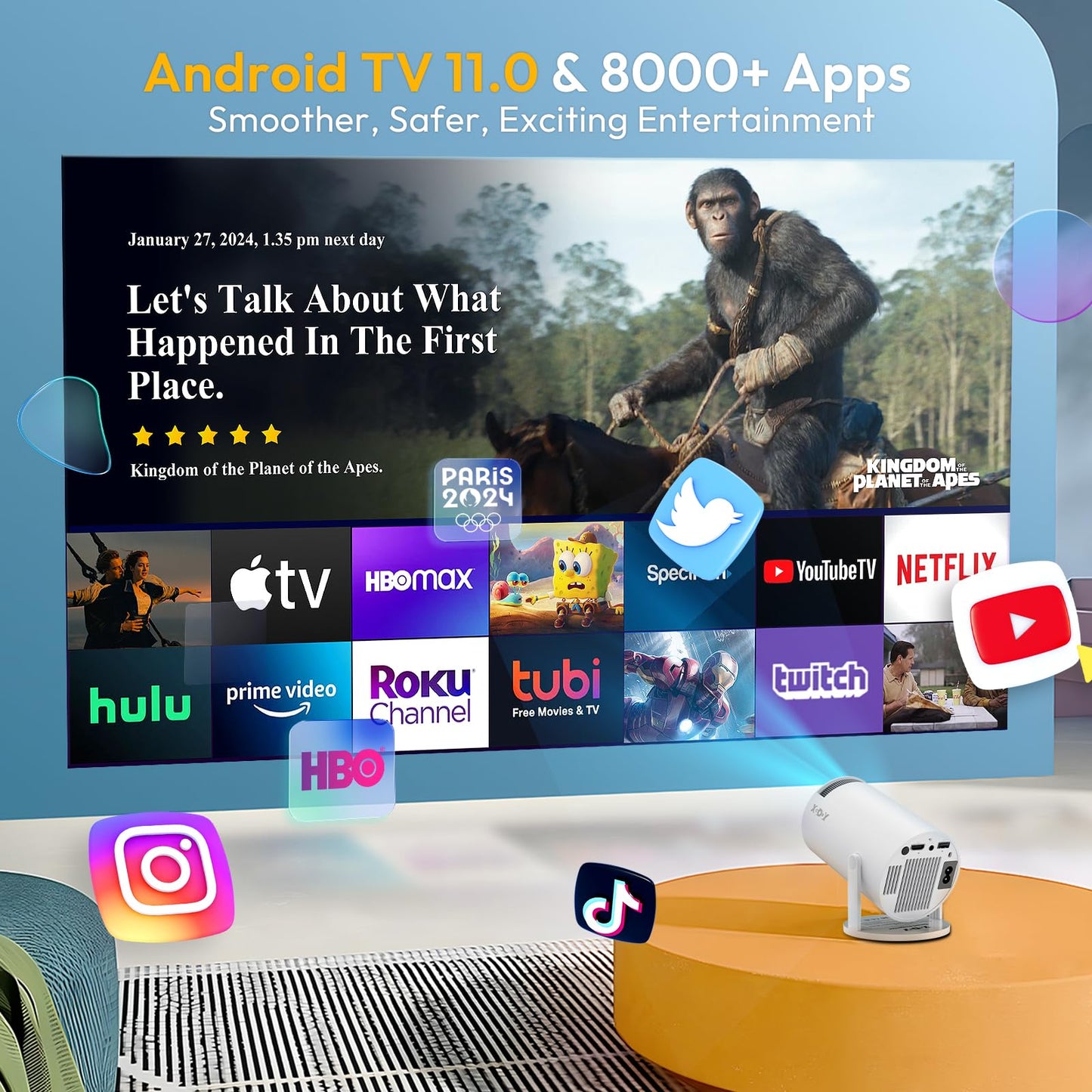 Smart Mini Projector WiFi6 Bluetooth 5.0 XGODY Gimbal 3 Protable Projector 12000L Support 4K with Android TV 11.0, Auto Keystone Correction Video Projector, 180°Rotatable Stand for Home Movie（White）