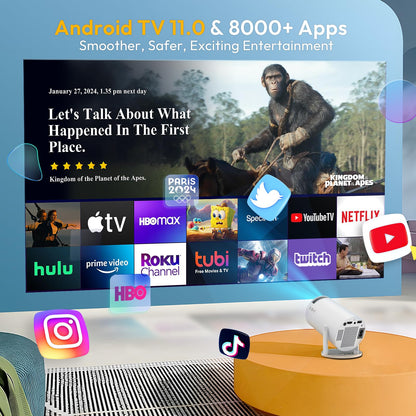 Smart Mini Projector WiFi6 Bluetooth 5.0 XGODY Gimbal 3 Protable Projector 12000L Support 4K with Android TV 11.0, Auto Keystone Correction Video Projector, 180°Rotatable Stand for Home Movie（White）