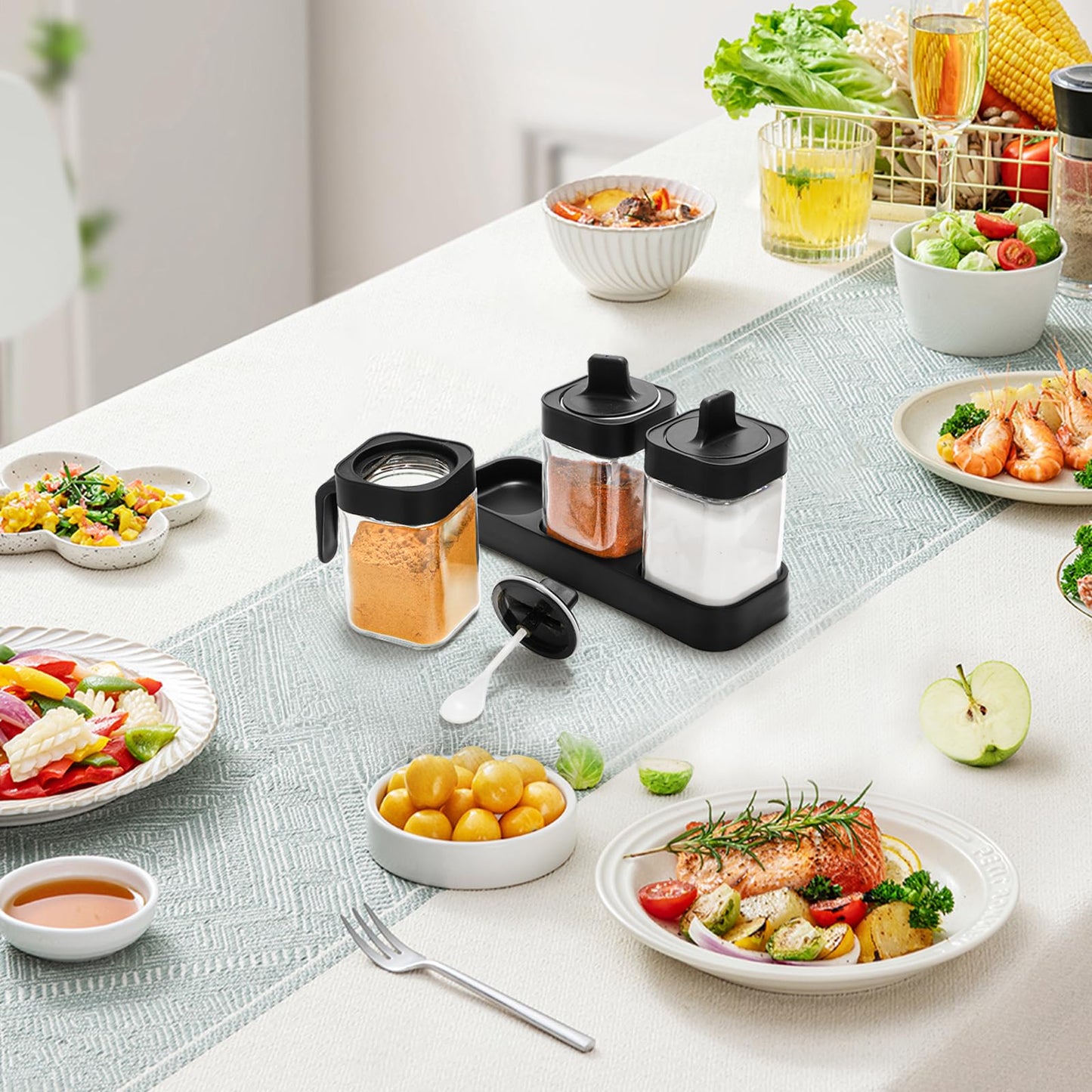 Mezchi Set of 3 Condiment Jar with Tray, 13.5 OZ Spice Container with Lids and Spoons, Glass Condiment Salt and Sugar Container Sets, Kitchen Seasoning Box for Salt Pepper Sugar Storage, Black