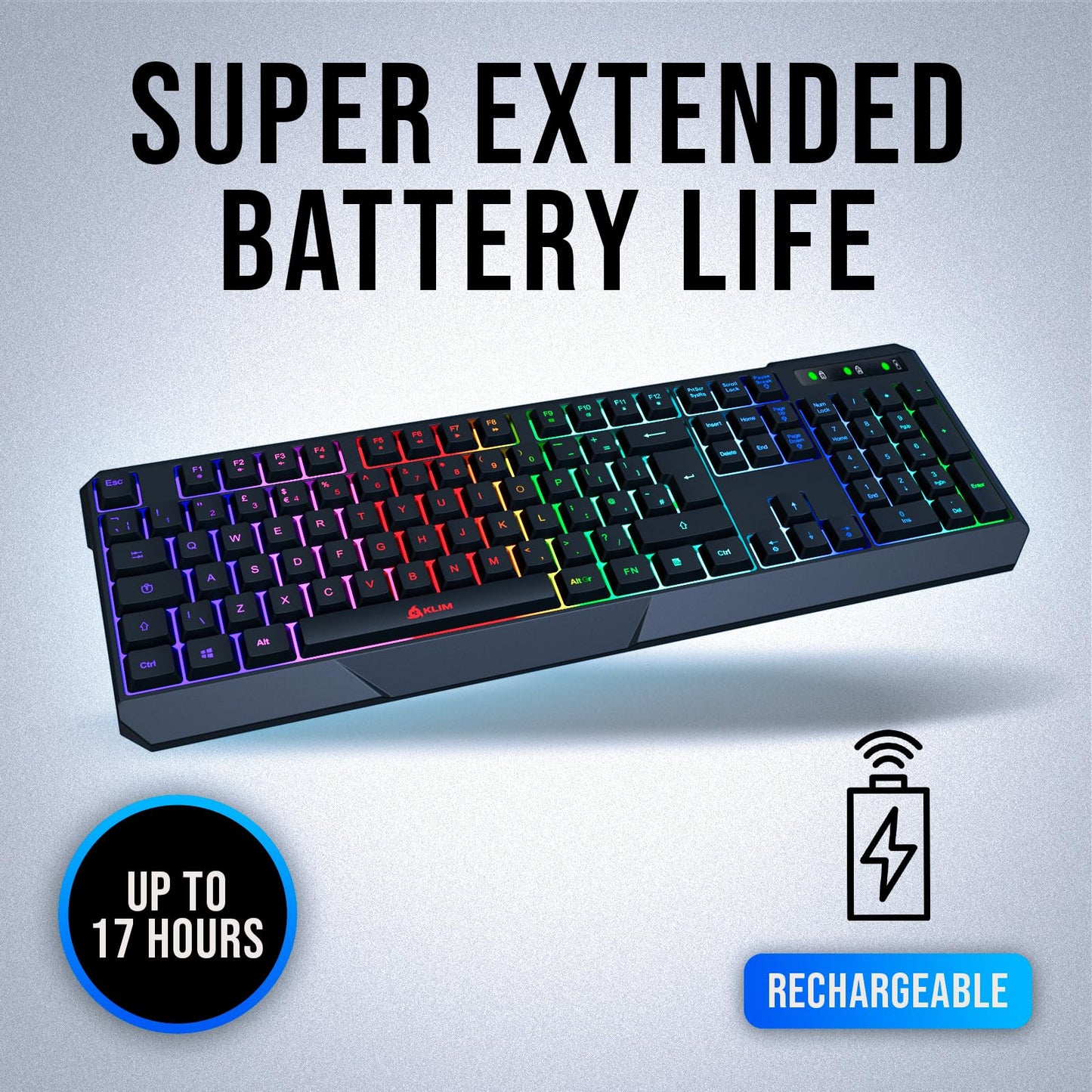 KLIM Chroma Wireless Keyboard UK Layout + Slim, Durable, Ergonomic, Quiet, Waterproof, Silent Keys + Backlit Wireless Gaming Keyboard For Laptop PC Gamer PS4 Mac + NEW VERSION + Black