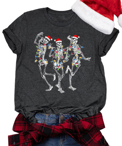 Dancing Skeleton Shirt for Women Christmas T-Shirt Xmas Graphic Tees Holiday Tops Blouse Gift Gray