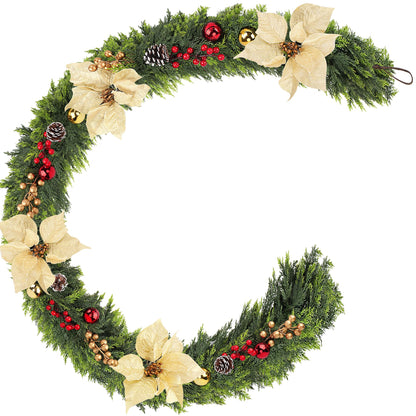 Real Touch Cedar Garland for Home, Thicken Cypress Green Artificial Greenery Garlands, 6FT Realistic Pine Garland with Flowers Berries Pinecones Balls, Cedar Garlands for Christmas in July Decorations