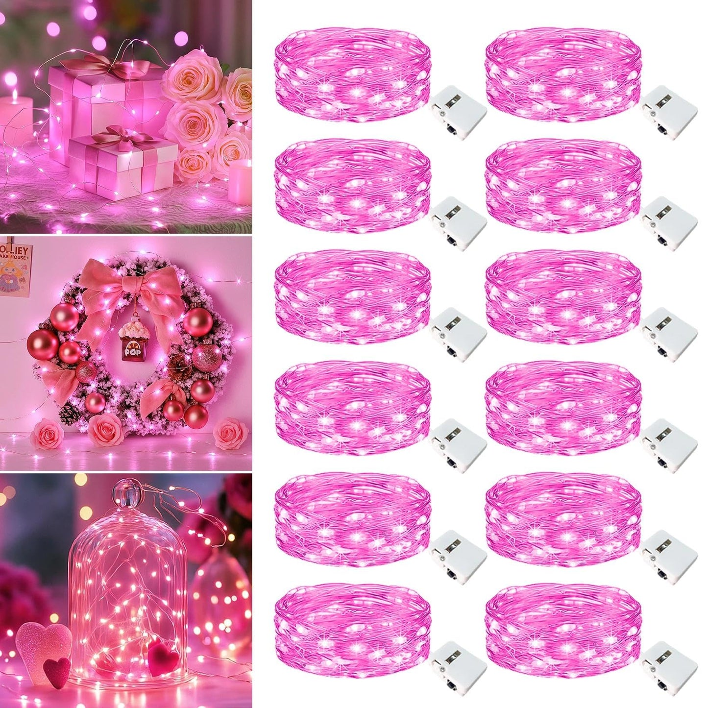 12 Pack Fairy Lights Battery Operated - 7ft 20 Led Twinkle Lights 3 Modes, Bulk Mini String Lights Waterproof for Mason Jars Vases DIY Party Wedding Decoration Valentines Day - Pink