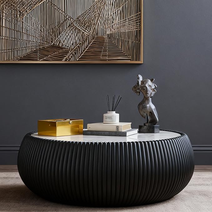 27.55" Round Marble Coffee Table, Modern Fluted Coffee Table