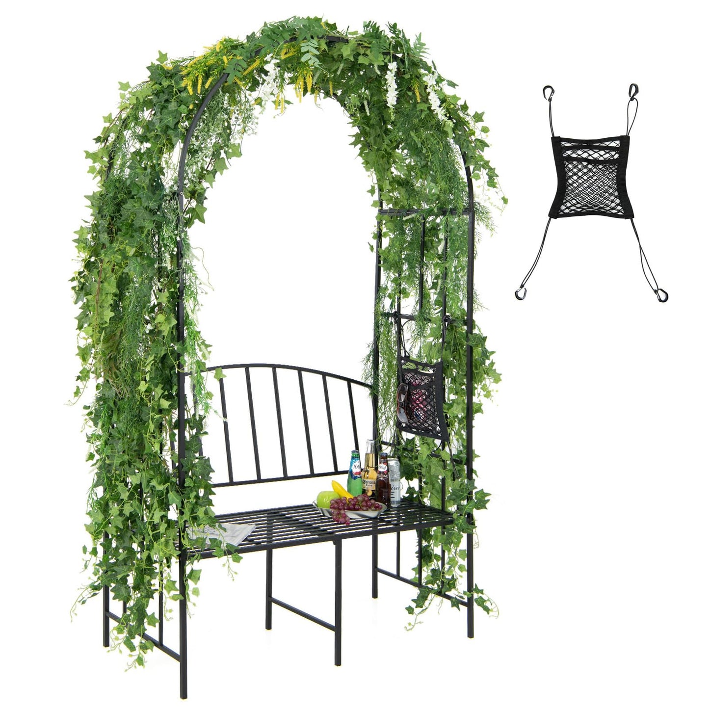 Moccha Metal Garden Arch with Bench, Outdoor Pergola Trellis Archway for Climbing Plant Roses Vines, 2-Person Garden Arbor with Seat for Backyard Weeding Party Ceremony, 81” x 45.5'' x 20'', Black