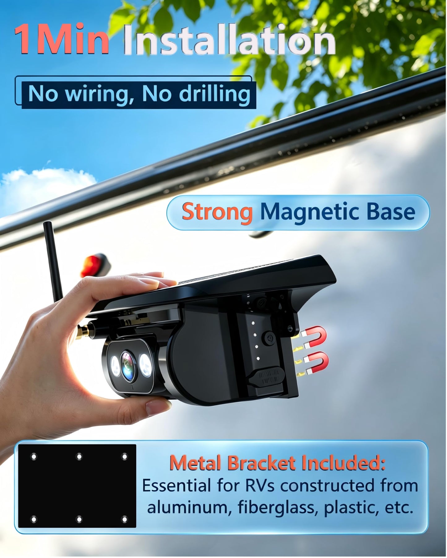 HD 1080P Dual Wireless Backup Camera: 1-Second Magnetic Easy Install RV Backup Camera with 7-inch Split-Screen DVR Monitor - 15200mAh Solar Battery, Up to 3-Day Trip for RV Camping & Travel Trailers