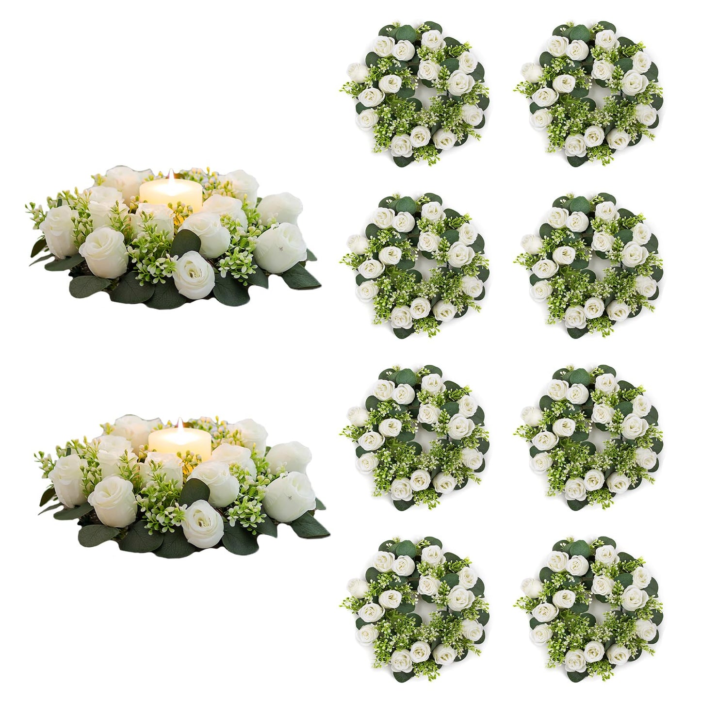 NUPTIO Flower Wedding Centerpieces for Tables - 10 Pcs 14 inch Diam Large White Artificial Flowers Fake Roses Candle Rings Wreaths Spring Summer Wreath for Front Door Weddings Party Ceremony Decor