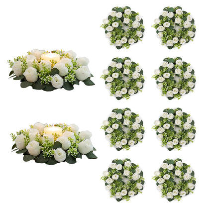 NUPTIO Flower Wedding Centerpieces for Tables - 10 Pcs 14 inch Diam Large White Artificial Flowers Fake Roses Candle Rings Wreaths Spring Summer Wreath for Front Door Weddings Party Ceremony Decor