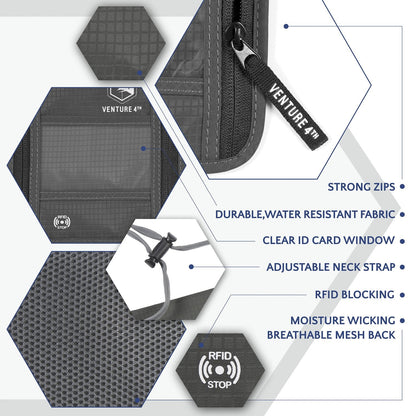VENTURE 4TH Passport Holder Neck Wallet with RFID Blocking Nylon Lining - Hidden Neck Pouch for Travel (Gray)
