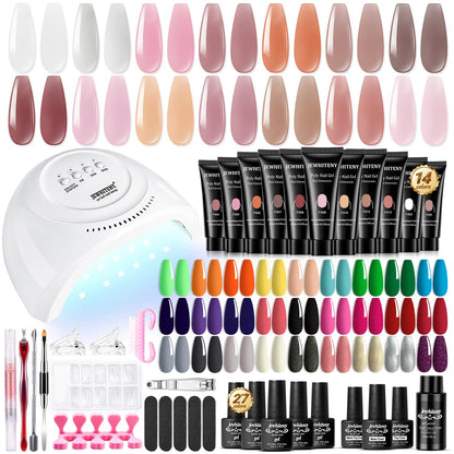 JEWHITENY Poly Extension Gel Nail Kit 14 PCS Poly Gel Kit with Slip Solution and Mini Lamp Nail Art Design Beginner