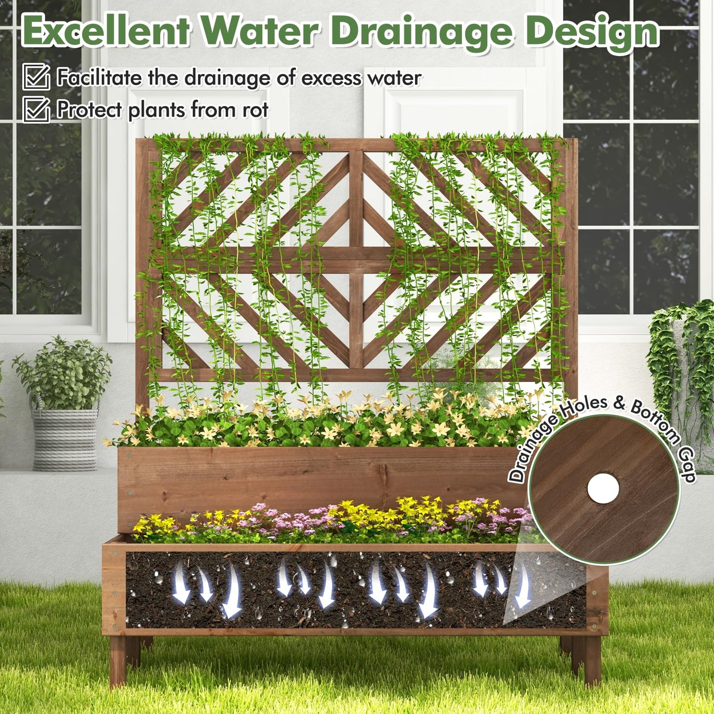 Toolsempire Raised Garden Bed with Trellis & 2 Planter Boxes, 2-Tier Outdoor Wooden Elevated Planter Box with Legs & Drainage Holes, Gardening Planters for Flowers, Herbs, Vegetables & Fruits(Brown)