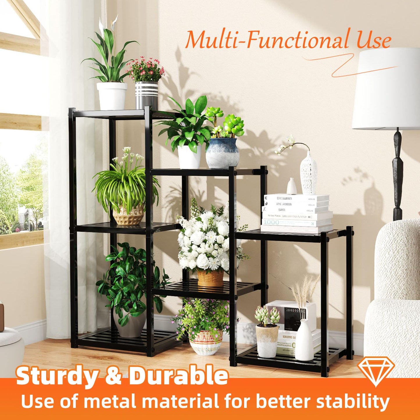 Simple Trending Plant Stand Indoor Outdoor, Heavy Duty Metal Waterproof 7 Tiered Plant Shelf for Multiple Flower Planter Holder Tall Large Rack, Black