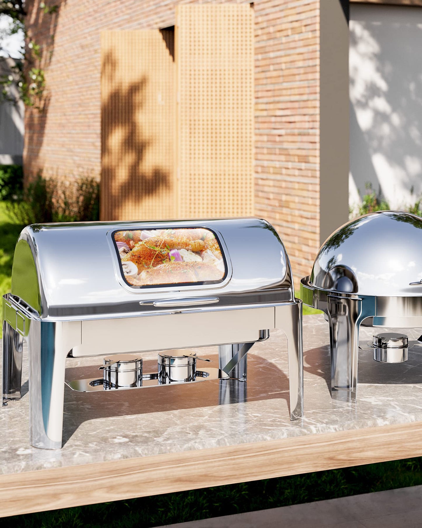 Garvee Rectangular Roll Top Chafing Dish Buffet Set, 9QT Stainless Steel Chafing Dish Set Equipped with 1 Full Size Pan, Catering Warmer Server with Visible Lid Water Pan Stand Fuel Holder Clip