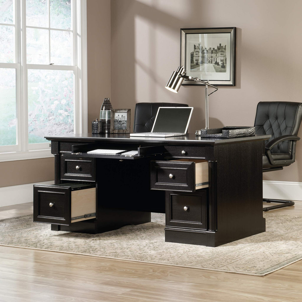 Sauder Palladia Office Desk with Drawers, Executive Desk with File Cabinet Storage, Cable Management, Keyboard Tray, in Wind Oak Finish