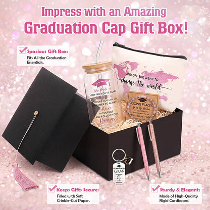 Vesici 8 Pcs Class of 2026 Graduation Gift Box Set for Women Her Grad Cap Box Glass Cup Makeup Bag Bracelet Pen Keychain College High School Graduation Gift for Daughter Sister Friend(Pink)